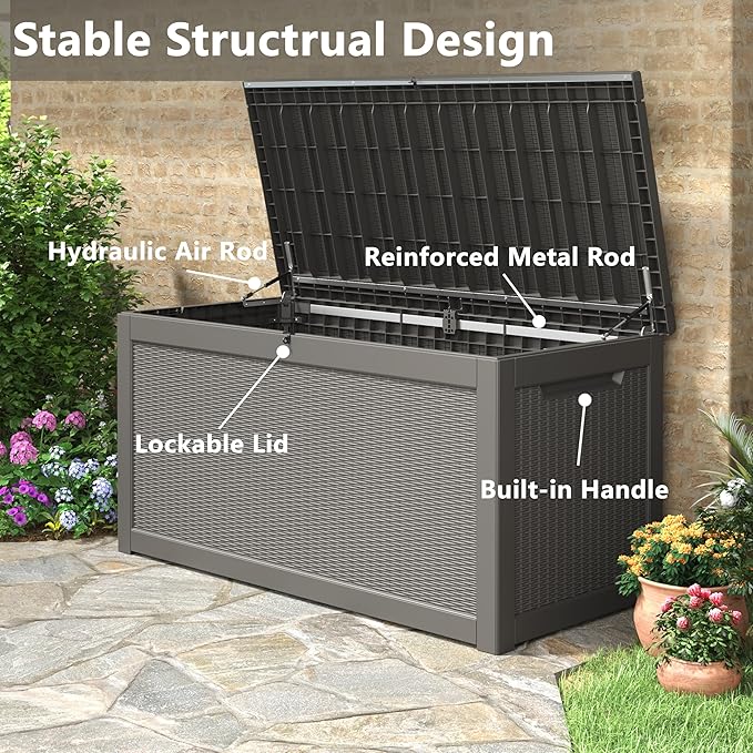 Outdoor Storage Box, 320 Gallon Resin Deck Boxes Outdoor Waterproof For Patio Furniture, Garden Tools, Pool Supplies, Lockable And UV Resistant (Rattan Gray)