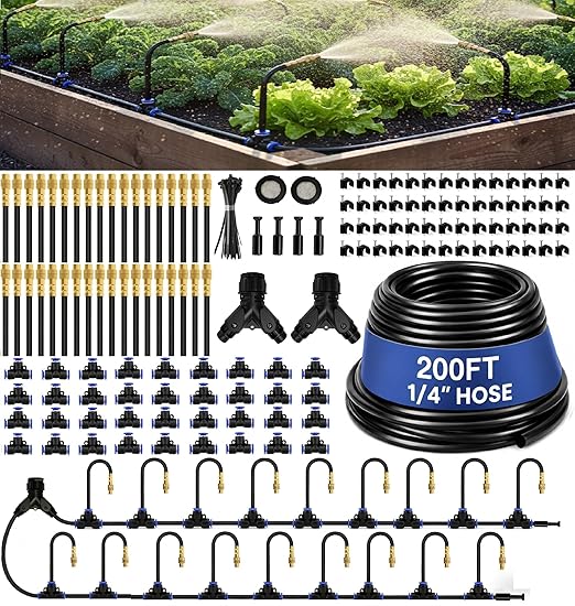 Automatic Garden Irrigation System 200FT, Upgraded Drip & Spray Watering Kit with 36 Adjustable Copper Nozzles for Raised Beds, Outdoor Garden, Lawn, Potted Plants & Greenhouse (200ft)