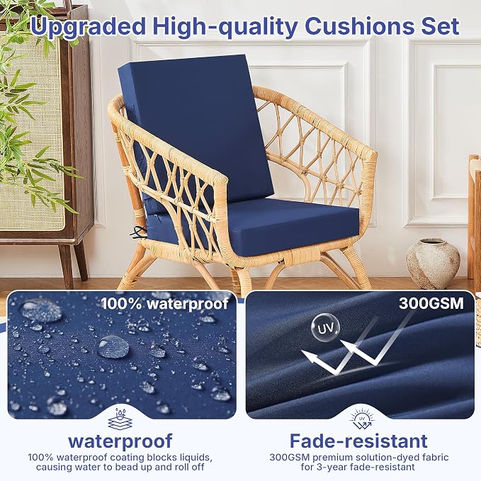 Outdoor Chair Cushions Set of 4 for Outdoor Patio Furniture, Waterproof Patio Seat Cushions with Handle & Ties, 3 Year Color Fastness Square Garden Sofa Couch Pads, 19" x 19" x 3", Navy Blue