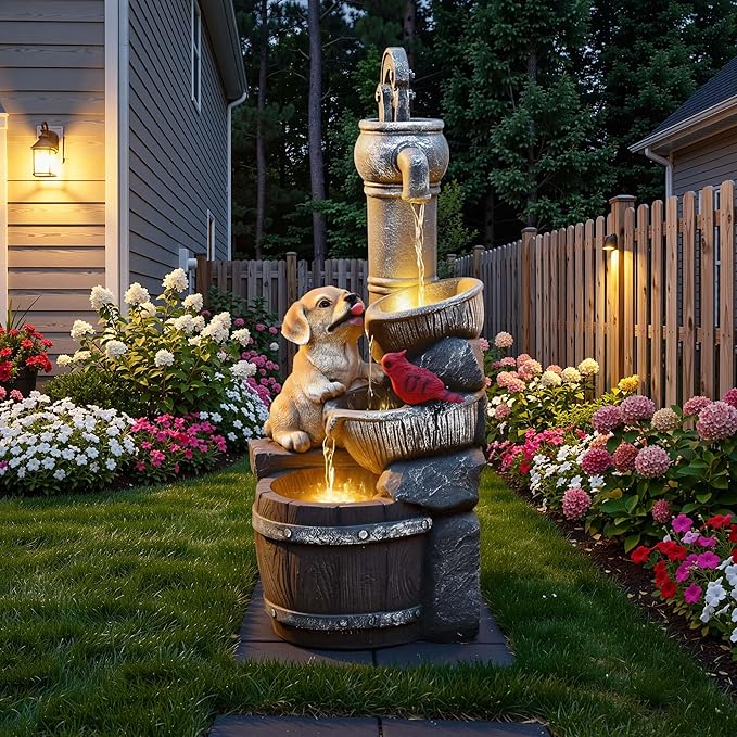 30" Puppy & Red Bird Outdoor Fountain, 3-Tier Pastoral Water Feature with LED Lights, Resin Two Bowls & Wooden Barrel Soothing Cascading Waterfall for Patio, Backyard, Garden