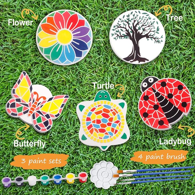 IFLOVE Paint Your Own Stepping Stones for Kids Craft Kits,Arts and Crafts for Kids Ages 4-8,5 Pack Painting Crafts for Girls Ages 8-12，Outdoor Toys Art Supplies Toddler Birthday Christmas Easter Gift