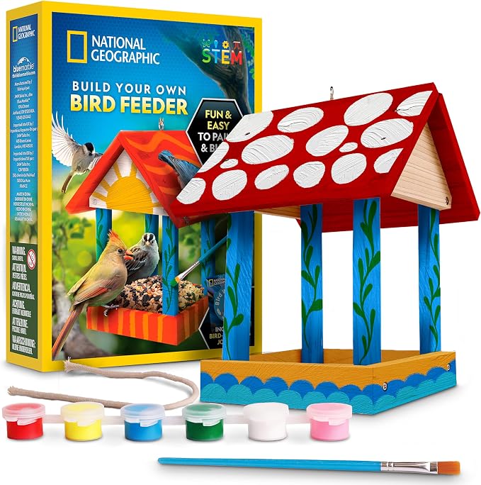 National Geographic Build Your Own Bird Feeder Craft Kit for Kids 6+ – DIY Wooden Feeder Craft with Paints, Brush, Bird-Watching Journal & Educational Poster for Kids, Outdoor Crafts, Bird Watch Kit