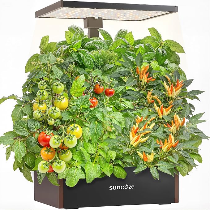 SUNCOZE Hydroponics Growing System Kit, 20 Pods Indoor Herb Garden with 10L Large Tank & Adjustable Height 25", 30W LED Grow Light, LCD Display with Pump & Low Water Reminder, Black&Brown