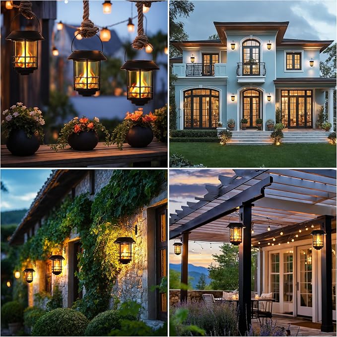 Otdair Solar Lanterns Outdoor Waterproof, 4 Pack Flickering Flames Wall Garden Decor , Hanging Solar Lights Wall Mount Decorations for Halloween, Front Porch, Patio, Yard.