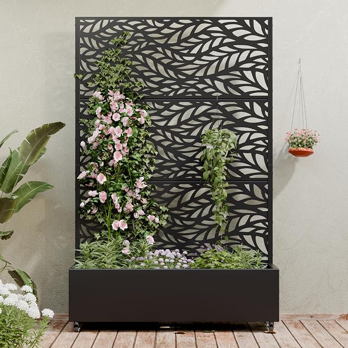Casaphoria Metal Raised Garden Bed with Trellis and Wheels, 72"x47"x16" Planter Box for Climbing Plants, Vegetables & Vines, Features Drainage Holes and Privacy Screen (Black-Spring)