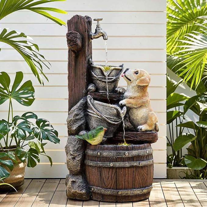 24.5" Puppy & Green Bird Outdoor Fountain, 3-Tier Pastoral Water Feature with LED Lights, Resin Buckets & Wooden Barrel Soothing Cascading Waterfall for Patio, Backyard, Garden