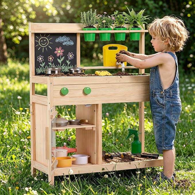 Costzon Mud Kitchen, Wooden Toddler Pretend Cooking Playset w/Runing Water, Blackboard, Water Tank, Faucet, Removable Sink, 4 Planting Pots & Stoves, Outdoor Kids Play Kitchen for Boy, Girl 3+ Years