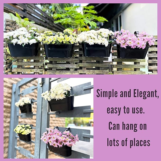 LaLaGreen Outdoor Plants Rail Planter (11.2 Inch, 12 Pack) Black Metal Iron Hanging Flower Pots Deck Railings Fence Buckets Modern Boho Style Wall Mount Window Box Plant Holder Hooks Porch Home Decor