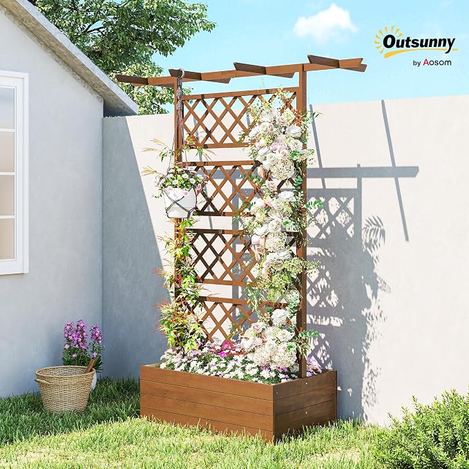 Outsunny Wood Planter Box with Trellis, Raised Garden Bed Privacy Screen Planter Box for Climbing Plants, Vines, Vegetables, Flowers, 63" x 21.75" x 72"