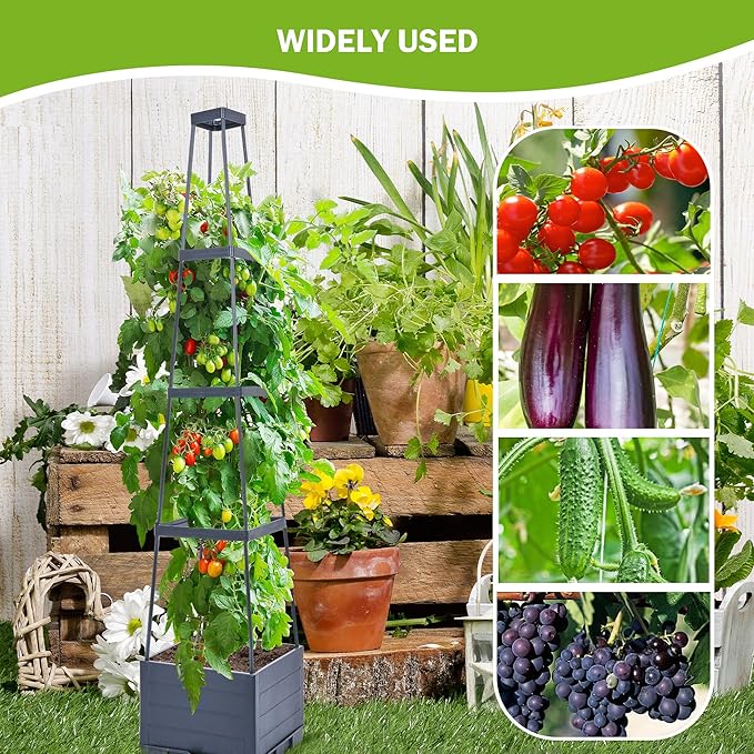 GENMOUS 4 Tiered Tomato Planter with Box Trellis, 56'' Raised Garden Bed Planter Boxes, Tomato Cages for Garden Patio Climbing Plants Vegetable Vine Flowers Outdoor & Indoor（1 Pack)