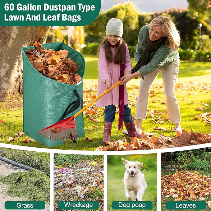2 Pack 60 Gallon Leaf Collector,Collapsible Lawn & Leaf Bag,Heavy Leaves Pick up Tool Reusable Yard Waste Bags,Large Yard Dustpan Type Garden Bag for Leaves,Debris,Grass,Clippings,Lawn Trash