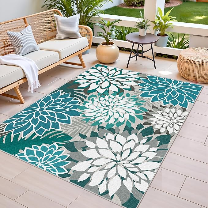 Colorful 4x6 Outdoor Area Rug Washable Rugs Multicolored Patio Rug Tropical Botanical Floral Chenille Outdoor Carpet Non Slip for RV, Pool Deck, Backyard, Porch, Teal