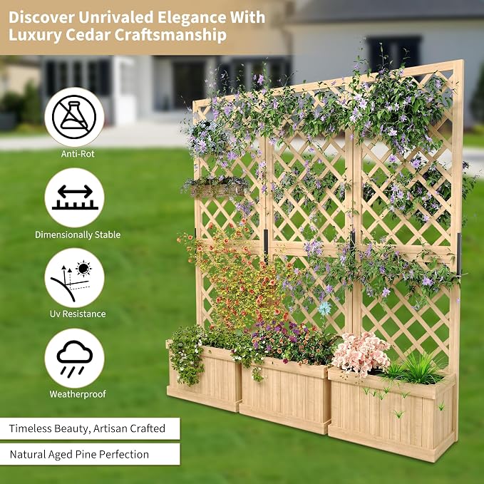 Cedar Privacy Screen with Planter Box - 3-Panel Freestanding Garden Fence, 62 in x10 in x65 in Tall Outdoor Divider with Drain Holes & Raised Bed for Patio, Deck & Backyard (Natural Wood)