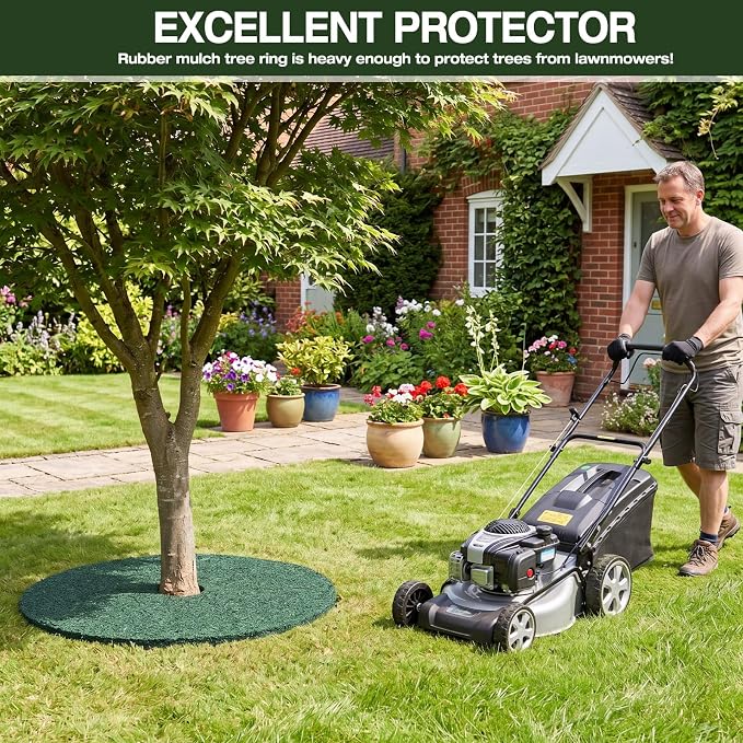 Peryiter 3 Pcs Double Side Rubber Mulch Tree Ring Heavy Duty Rubber Mulch Mat Tree Protector Weed Barrier Mats Reversible Round Root Ring for Prevent Weed Grass Animal Dig (20 Inch,Green and Black)