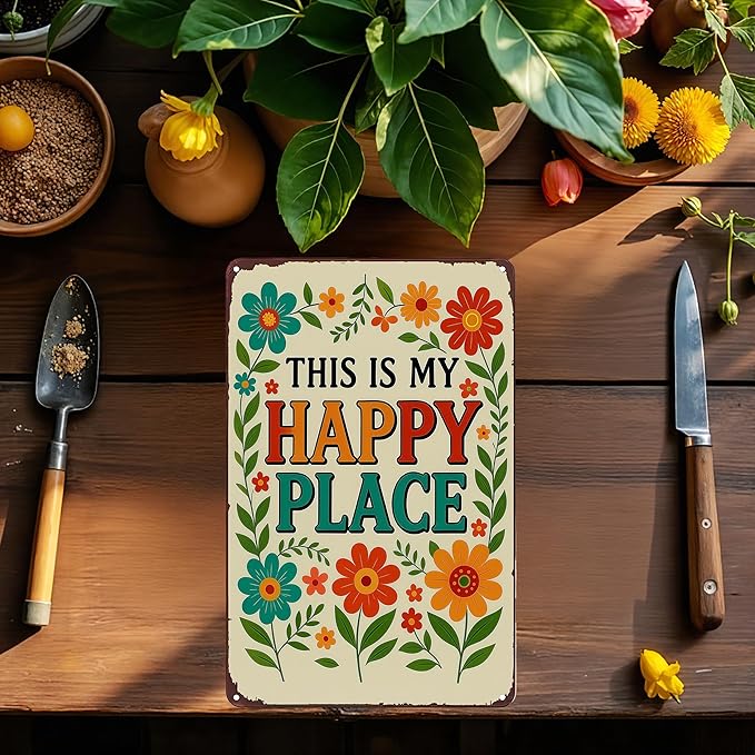 Funnysign Garden Gifts This Is My Happy Place Vintage Tin Sign for Home Garden Greenhouse Patio Yard Decor 8 X 12 Inch(3981)