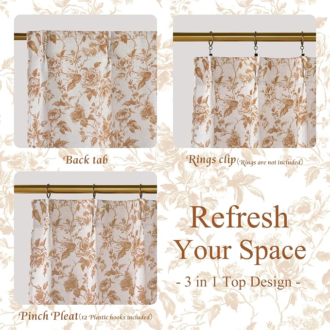 StangH Chocolate Brown Floral Cafe Curtains, Vintage Peony Pattern Pinch Pleated Window Tiers, Rustic 36 Inch Length Tiered Curtains for Dining Room & Coffee Bar, W26xL36, 2 Panels