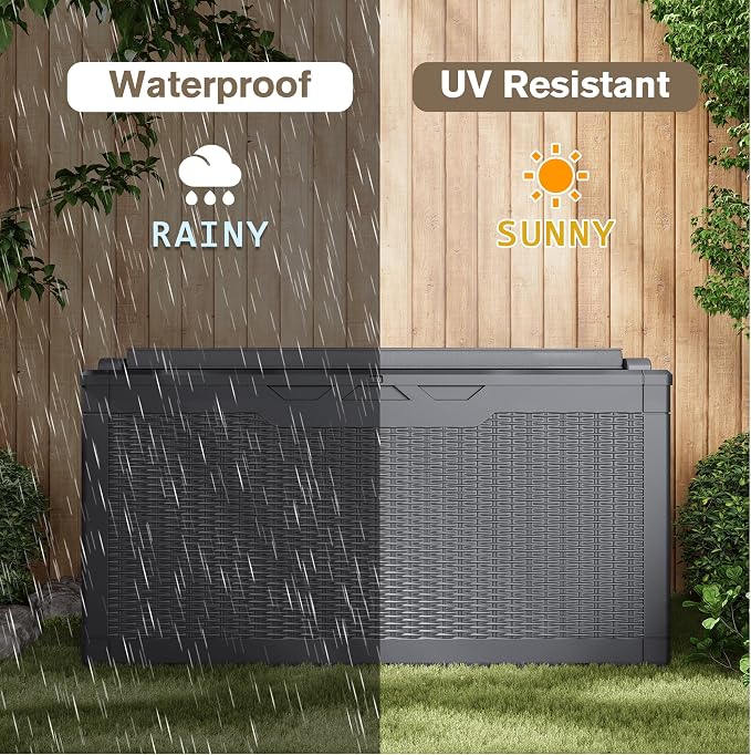 JUMMICO 100 Gallon Resin Deck Box with Cushion, Waterproof Outdoor Storage Box with Lockable Lid for Garden Tools, Patio Cushions (Gray)