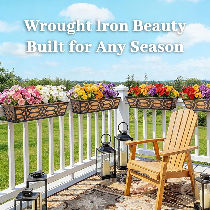 4 Pack 30 Inch Window Boxes Planters with Coco Liner, Large Metal Railing Planter Boxes for Deck, Heavy Duty Hanging Trough for Fence and Front Porch Garden Flower Display