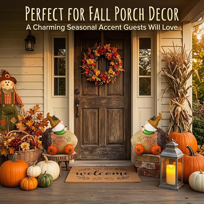 Topadorn Fall Gnome Pine Cone Car Figurine, Resin Harvest Gnome Statue with Pumpkin Wheels and Happy Fall Sign, Thanksgiving Table Decoration, Farmhouse Autumn Decor for Indoor & Outdoor