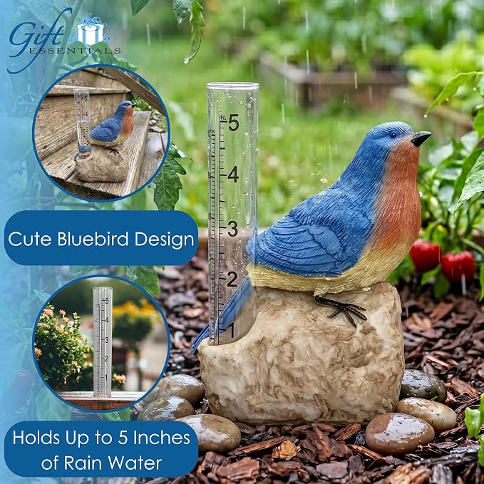 Gift Essentials Bluebird Decorative Rain Gauge Outdoor - Resin Bird Figurine on Rock Base - Removable Tube Measures Up to 5 Inches of Rainfall - Garden Decor Gift