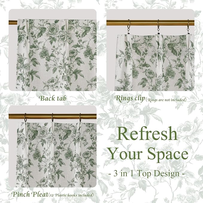 StangH Sage Green Kitchen Curtains 36 Inches, Shabby Chic Peony Floral Pinch Pleated Cafe Drapes, Light Filtering Small Window Tiers for Cottagecore Home Decor, W26xL36, 2 Panels