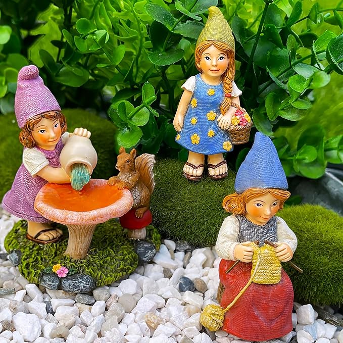 Mood Lab Garden Gnome Figurines - Lady Gnomes Set (3 pcs) - 3.5" H Miniature Decorative Statues & Accessories - Outdoor & Indoor Garden Decor