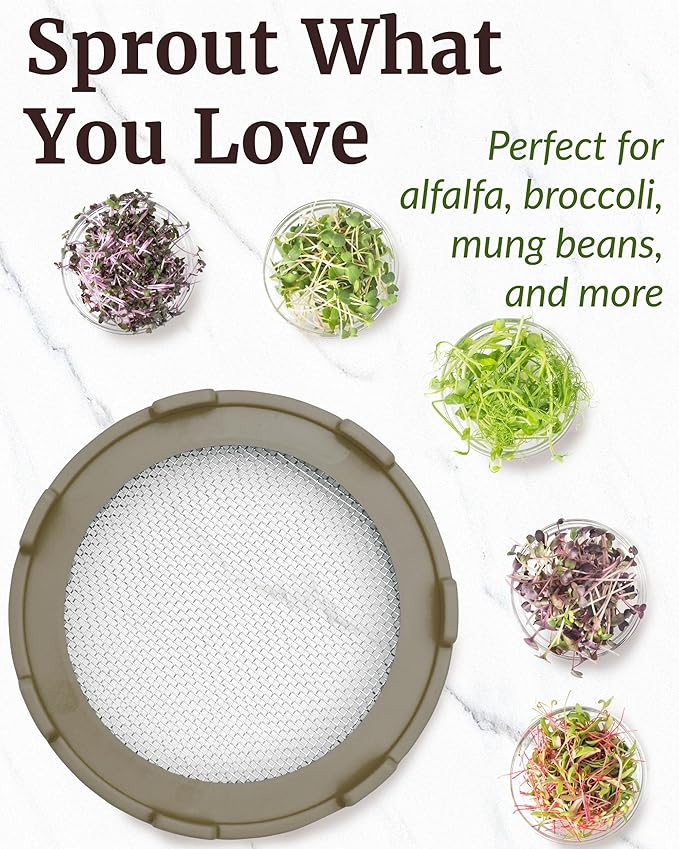 Elementi Sprouting Lids for Wide Mouth Mason Jars (Set of 4), Sprouting Jar Kit for Organic Alfalfa & Micro Greens Sprouts Growing Kit, 316 Stainless Steel Mesh Screen Strainer Lid (Mushroom)