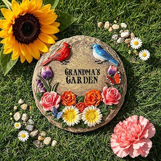 Grandma's Garden Stepping Stones for Mother's Day with Cardinal Robin Birds Flowers Butterflies, Round Resin Stepping Stones for Garden Yard Walkway Patio Grandma Gifts Birthday Retirement