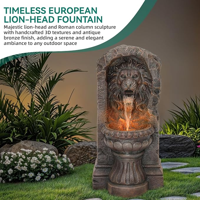 30" Lion Head Outdoor Water Fountain, Handcrafted Antique Stone Sculpture Garden Fountain, Warm LED-Lit Cascading Waterfall, Relaxing Fountains for Outside Garden Patio Yard Deck Floor Decor