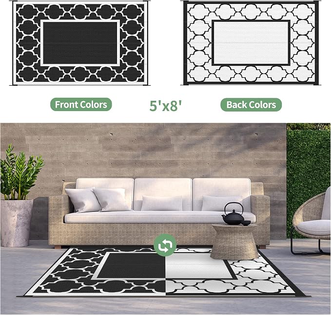 GENIMO 5' x 8' Outdoor Rug Waterproof for Patio Decor, Foldable Reversible Plastic Straw Area Rugs Mat for Camper, Outside Carpet for Rv, Deck, Porch, Picnic, Beach, Balcony, Black & White