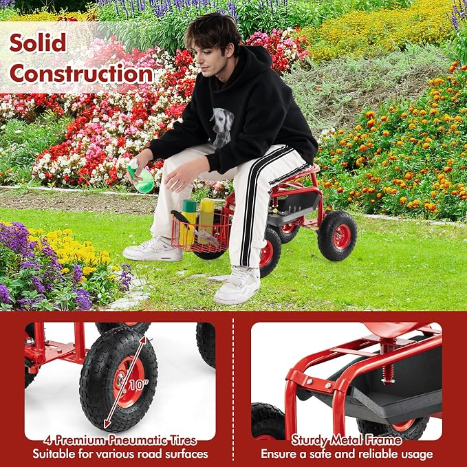 Goplus Rolling Garden Seat with Wheels, Outdoor Gardening Scooter with 360° Swivel Seat, Tool Tray & Basket, Adjustable Steering Handle for Lawn, Gardening Stool, Garden Cart for Planting