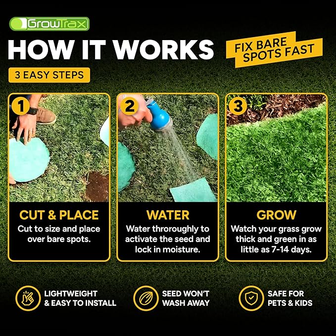 Growtrax Biodegradable Grass Seed - 100 SQFT Bermuda Rye - Grass Seed and Fertilizer for Lawns, Dog Patches & Shade - Just Water & Grow - No Fake or Artificial Grass