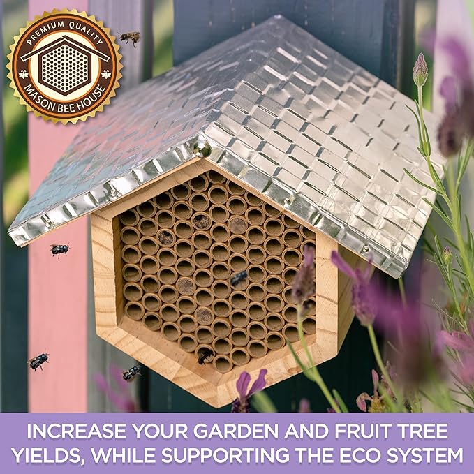 Rivajam Beekeeper Pro Mach II Mason Bee House - Strong + Waterproof Bee Hotel & Insect Habitat - Replaceable Mason Bee Tubes Filled Bee Houses for the Garden - Pollinator House Gardening Gifts