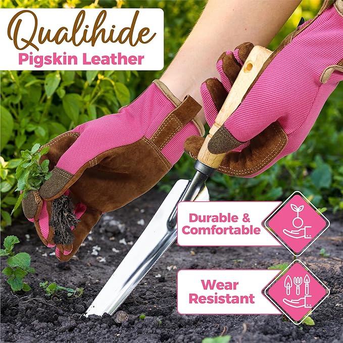 HANDLANDY Gardening Gloves for Women, Breathable Ladies Leather Garden Yard Gloves Best Gift for Gardeners