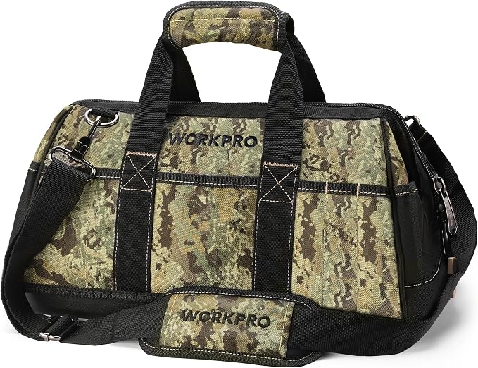 WORKPRO 16-Inch Wide Mouth Tool Bag, Multi-Pocket Tool Bags for Men with Adjustable Shoulder Strap, Waterproof Oxford Fabric and Sturdy Buttom