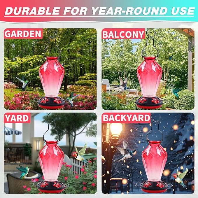 2 Pack Glass Hummingbird Feeder for Outdoors Hanging, 25Oz Humming Bird Nectar Feeder, Perch, 5 Flower Feeding Ports, Leak Proof Base, Hook for Outside Garden Backyard, Gift for Women, Diamond Red
