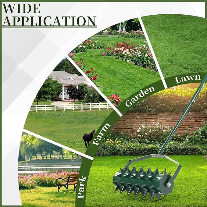 Rolling Lawn Aerator, Manual Lawn Aerators, Ergonomic Design, W-Shaped Blade, 15.75" Yard Aerator Roller with 3-Section Handle, Easy to Assemble, Heavy Duty Rotary Push Spike Aeration Tool, Green