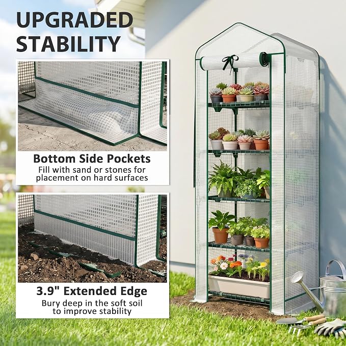 Outsunny 5 Tier Mini Greenhouse with Screen Roof, 27.6" x 19.7" x 75.6", Portable Small Greenhouse with High Strength PE Cover, Roll-Up Zipper Door for Garden Yard Backyard, White