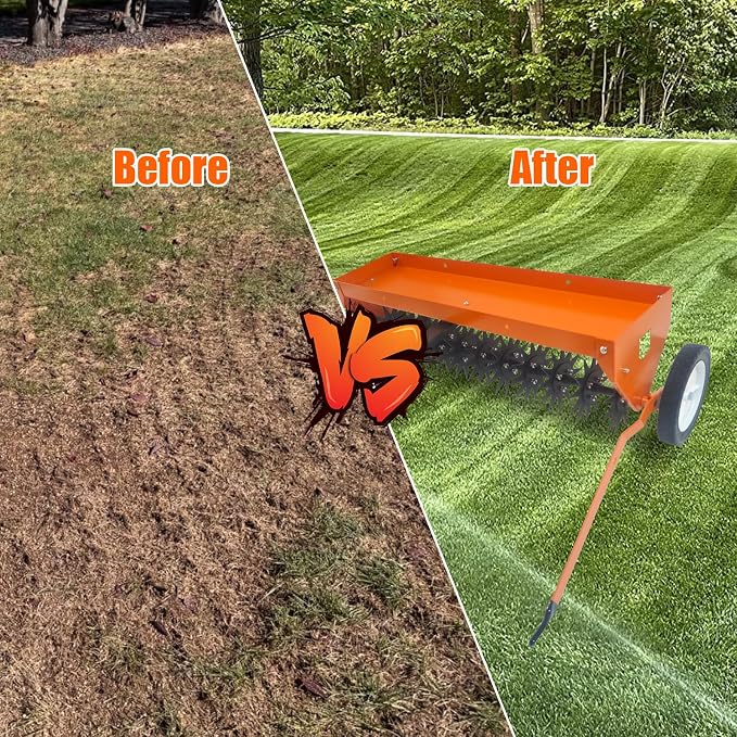 GarveeLife 40 in Tow Behind Aerator, Aerator Lawn Tool with Universal Hitch, Adjustable Handle, Transport Wheels, Lawn Aerator Compatible with Tractors for Garden, Farm and Lawn, Orange
