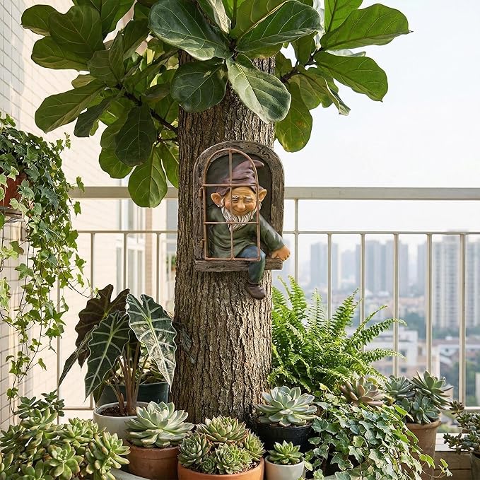 Gnome Statue Tree Face Outside Yard Art Outdoor Statue, 12 Inch Elf Out of The Window Tree Decor and Yard Decorations, Whimsical Gnomes Garden Sculptures & Statues, Fairy Tree Peeker Ornaments