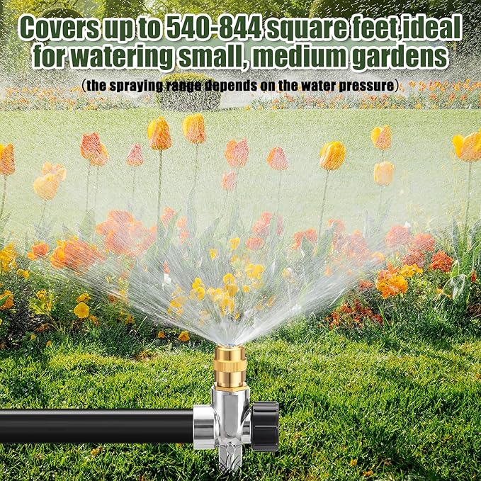 Tioncy 4 Pack Metal Lawn Sprinkler Automatic Garden Water Sprinkler on Spike Base 360 Degree Rotation with Adjustable Brass Nozzle for Lawn Garden Yard (Silver)