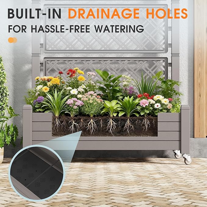 Resin Raised Garden Bed with Trellis and Wheels - Plasitc Planter Box with Trellis Outdoor with Drainage Holes & Water Monitor for Climbing Plants, Flower, Gray(61.2" H)