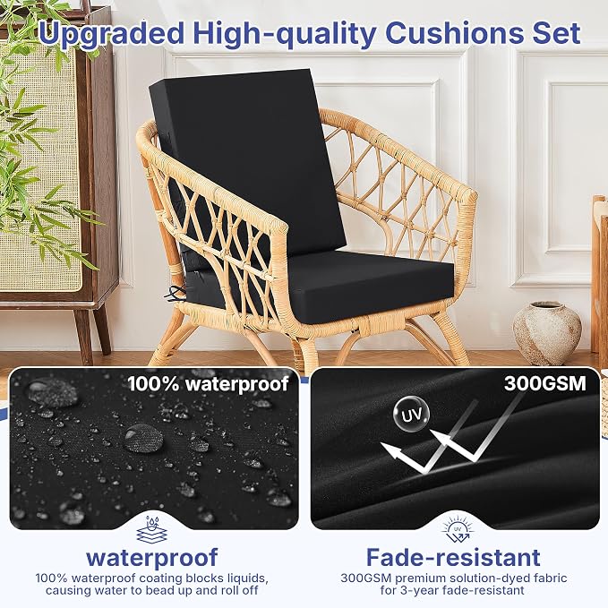 Outdoor Chair Cushions Set of 4 for Outdoor Patio Furniture, Waterproof Patio Seat Cushions with Handle & Ties, 3 Year Color Fastness Square Garden Sofa Couch Pads, 19" x 19" x 3", Black