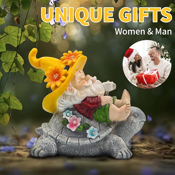 Garden Gnomes Outdoor Decor - Funny Sunflower Gnome Sitting on Turtle with Solar Lights, Gnomes Decoration for Lawn Yard Patio, Garden Gifts for Women, Mothers Day, Housewarming