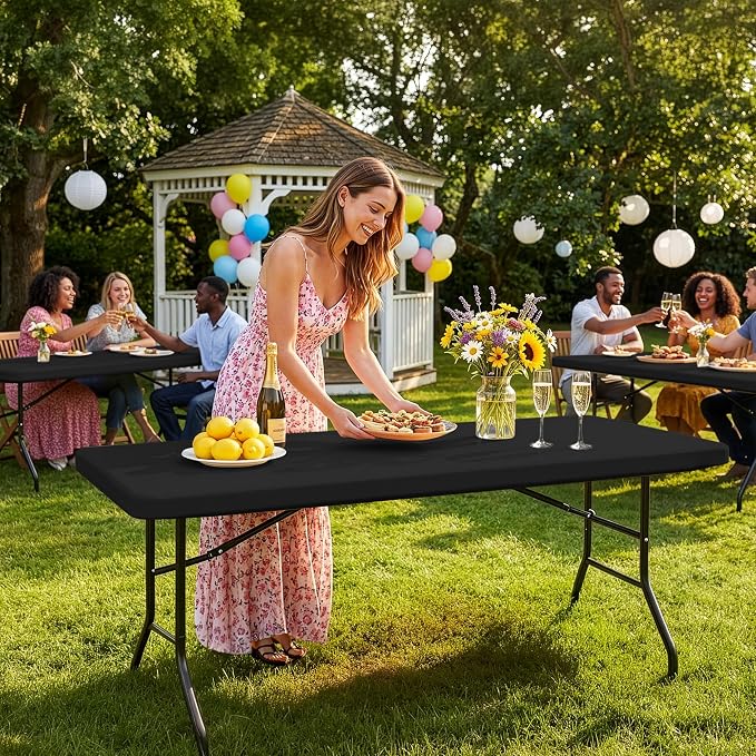 Fitted Tablecloth for 6 Foot Rectangle Tables-2 Pack Black Elastic Outdoor Picnic Table Cover-Spandex Stretch Folding Table Cloths 6 ft for Camping Dining Room Patio Kitchen Banquet Party