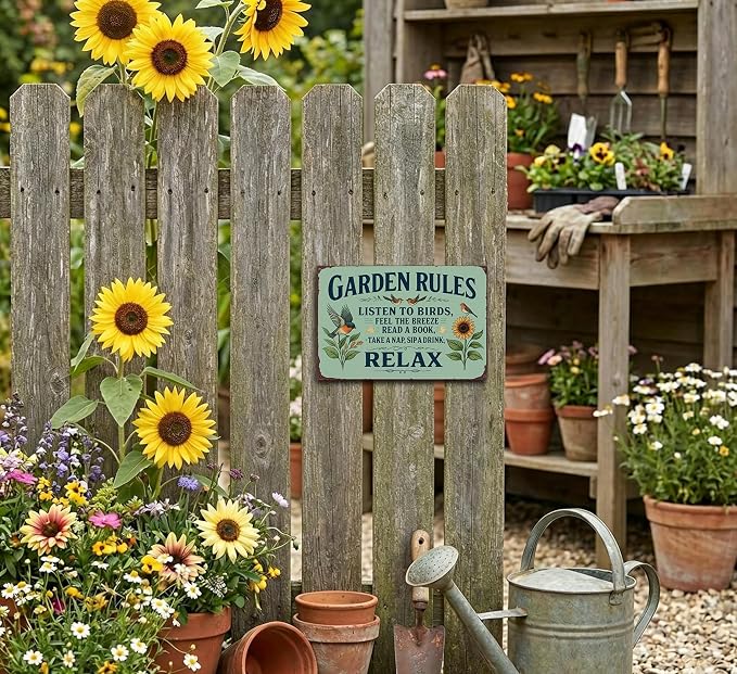 Garden Rules Metal Sign, Vintage Relax Garden Wall Art with Bird Sunflower, Retro Outdoor Decor Plaque for Patio Porch Yard She Shed Greenhouse Home Garden Decor 8x12 Inch