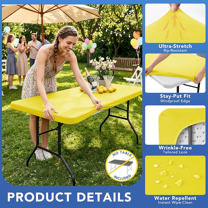 Fitted Tablecloth for 6 Foot Rectangle Tables-4 Pack Yellow Elastic Outdoor Picnic Table Cover-Spandex Stretch Folding Table Cloths 6 ft for Camping Dining Room Patio Kitchen Banquet Party