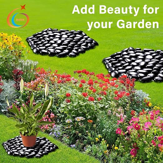 10in River Rock Stepping Stones Set - 6 Pack | Polished Pebble | Long-Lasting PVC Mesh Backing | Perfect for Garden Paths and Lawns Outdoor Landscaping Decoration | Black Rhombus