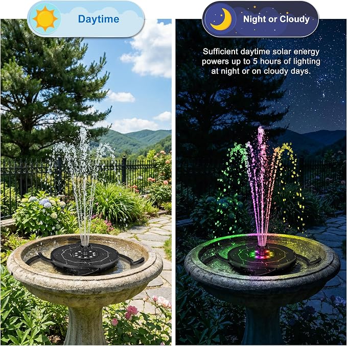 Solar Fountain with LED Lights, Solar Bird Bath Powerd Fountain Works in Cloudy & 2000mAh Battery Backup, 4 Fixed Rods, 7 Nozzles, Outdoor Water Fountain for Brid Bath, Garden, Pool, Pond