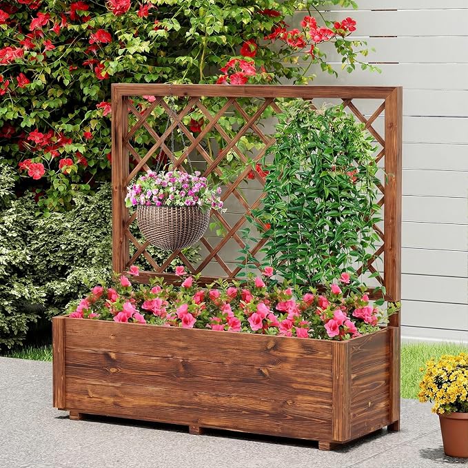 Giantex Raised Garden Bed Set 2 w/Trellis, Drainage Hole, 39”x14”x40” Wood Elevated Planter Box for Climbing Vine Flower Herb Vegetable Fruit, Planting Container for Indoor Outdoor Patio Balcony